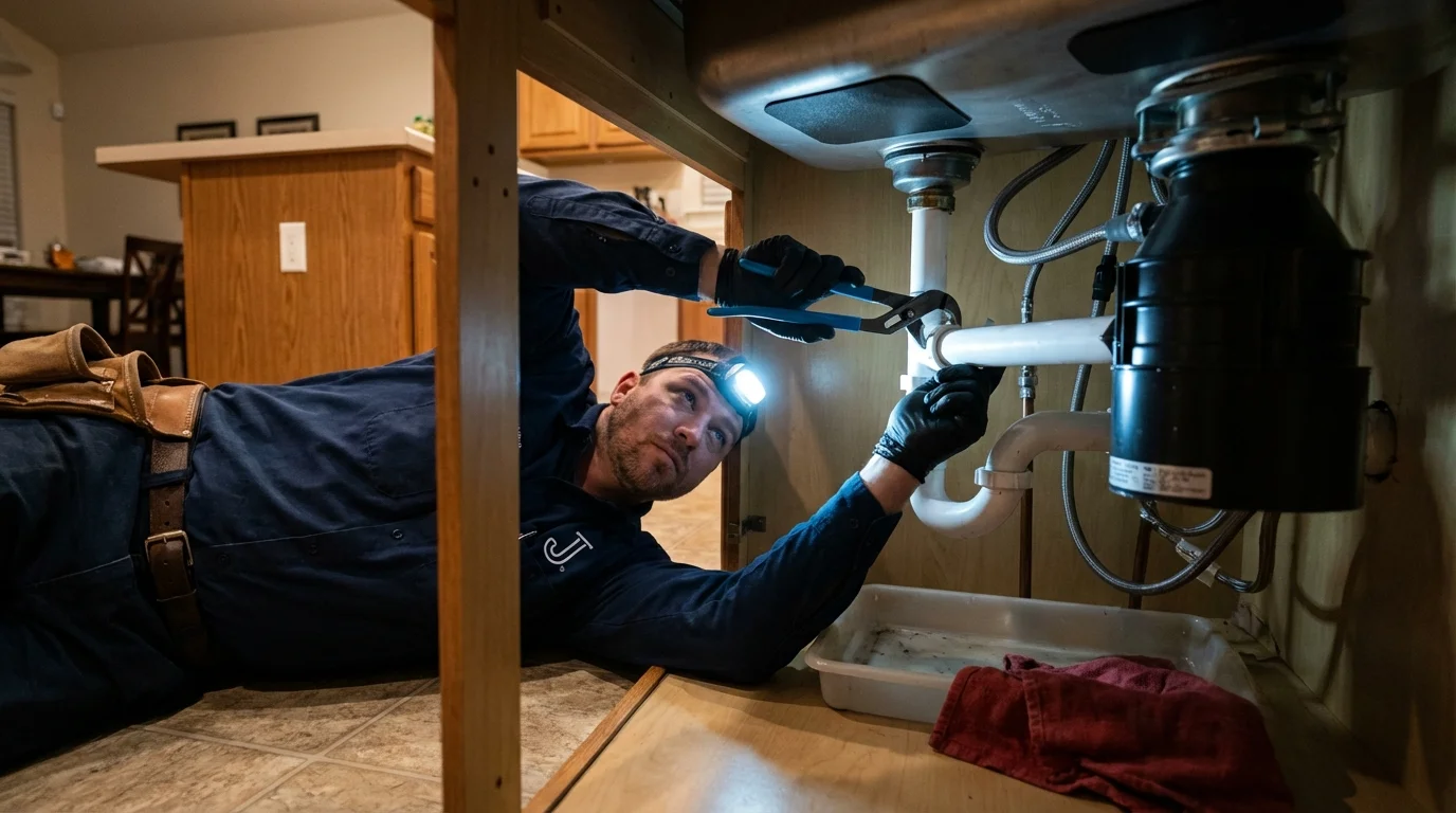P-trap and supply line connections under a kitchen sink showing a common leak point in Eagle, WI